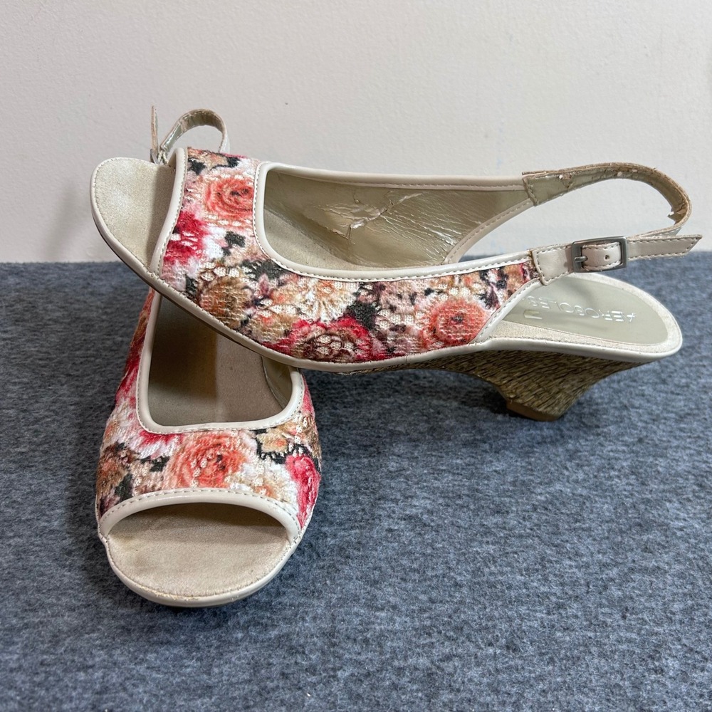 Aerosoles Womens 9.5 Floral Tapestry Wedge Sandals Peep Toe Slingback Pink Tan